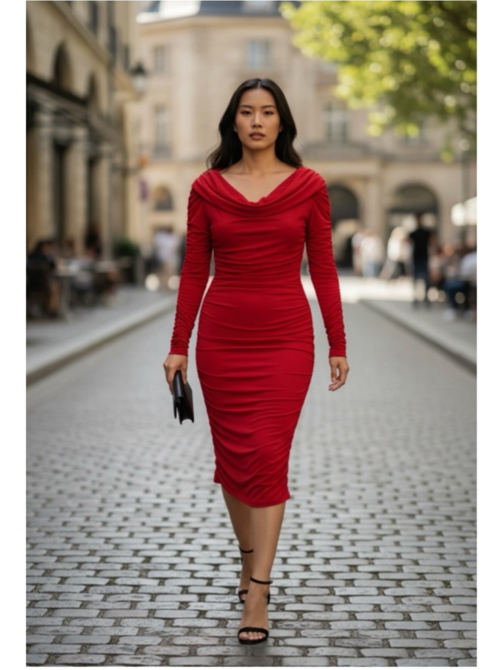 Elegant Red Ruched Cowl-Neck Midi Dress